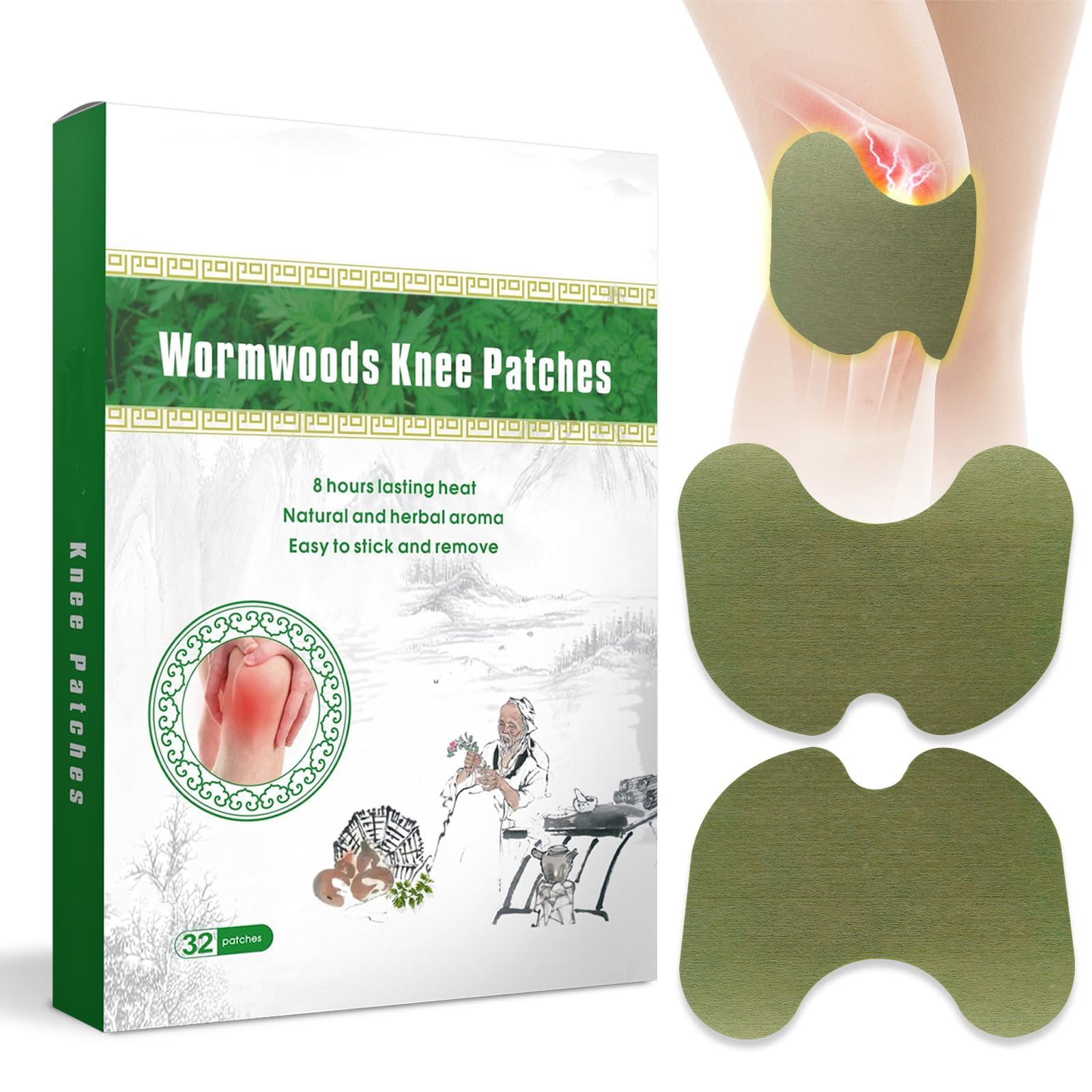 32pcs Knee Patches Warming Herbal Plaster Patches for Knee Wormwood Extract Sticker 8 Hours Long Lasting for Bone On Bone Heat Patches for Joint of Knee Back Neck Shoulder